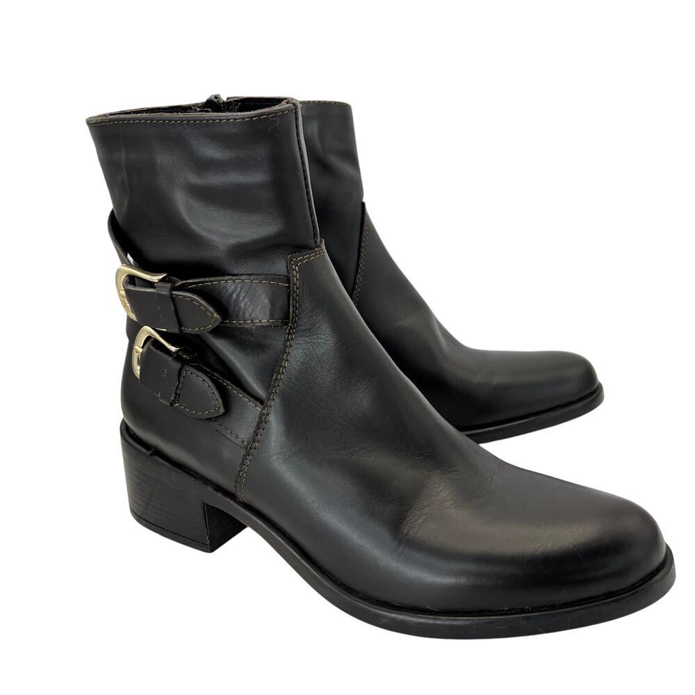 Emanuele Castro Dark Brown Leather Boot Double Buckle Moto 41 NEW Block Heel